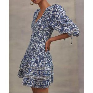 EUC Anthropologie Love the Label Smocked Puff-sleeve Mini Dress In Mabel Blue